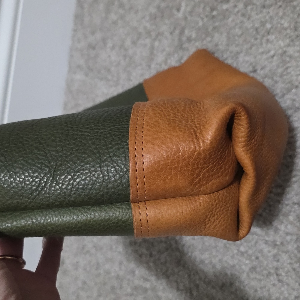 KMM & Co Leather Italian Green and Tan Mini Panel Tote Colorblock - Picture 4 of 10